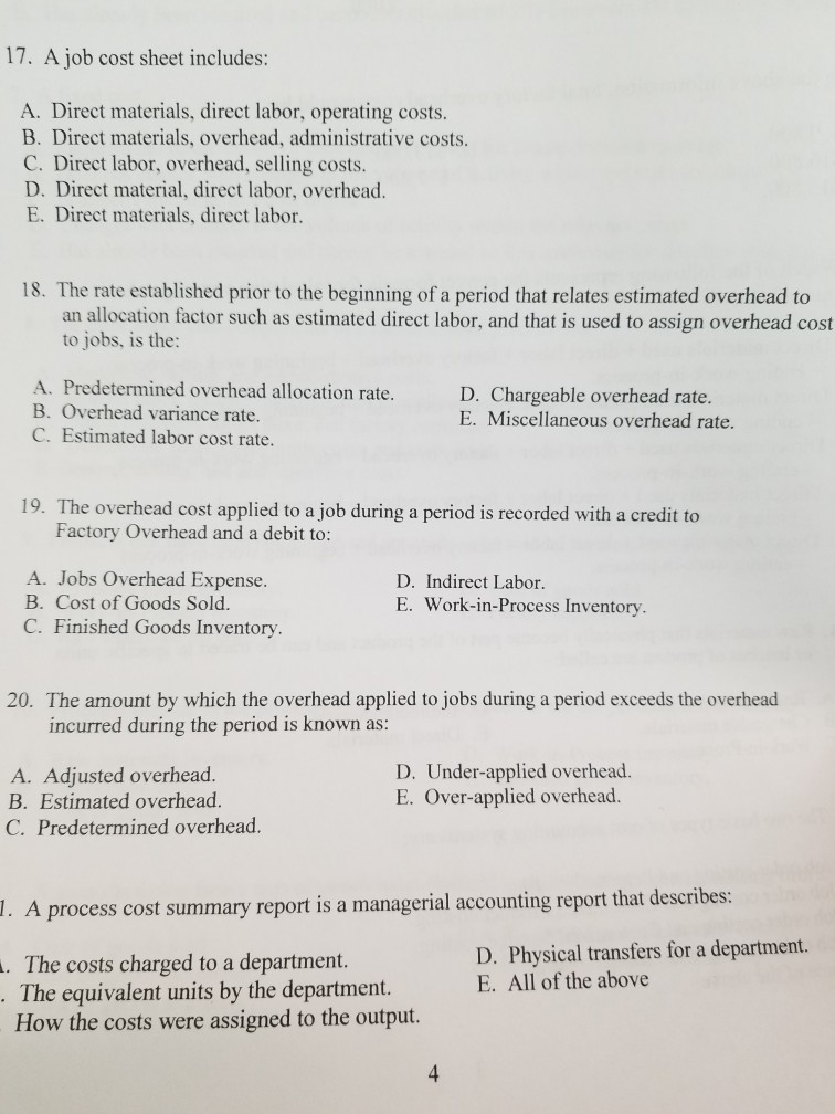 Solved 17. A job cost sheet includes: A. Direct materials, | Chegg.com