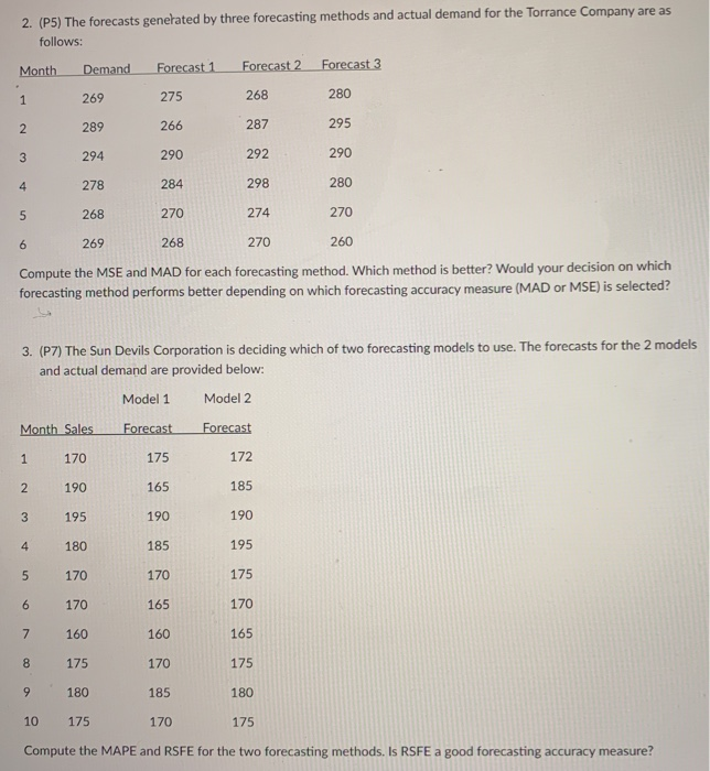The forecasts genehated by three forecasting methods and actual demand for the Torrance Company are as follows: Month Demand
