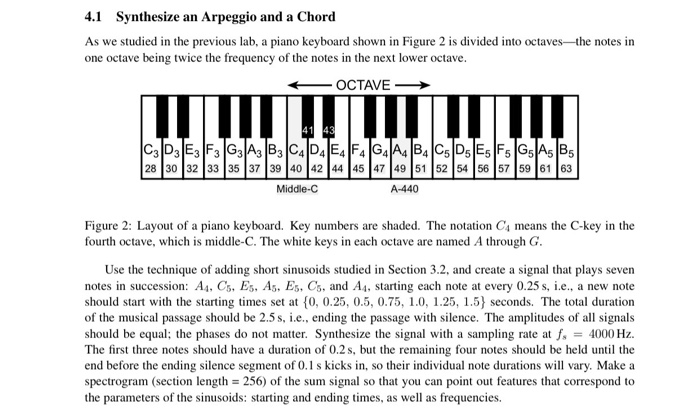 4.1 Synthesize an Arpeggio and a Chord As we studied in the previous lab, a piano keyboard shown in Figure 2 is divided into octaves-the notes in one octave being twice the frequency of the notes in the next lower octave 28 30 32 33 35 37 39 40 42 444547 49 151 52 54 56 57 59 61 63 Middle-C A-440 Figure 2: Layout of a piano keyboard. Key numbers are shaded. The notation C4 means the C-key in the fourth octave, which is middle-C. The white keys in 

<div class=