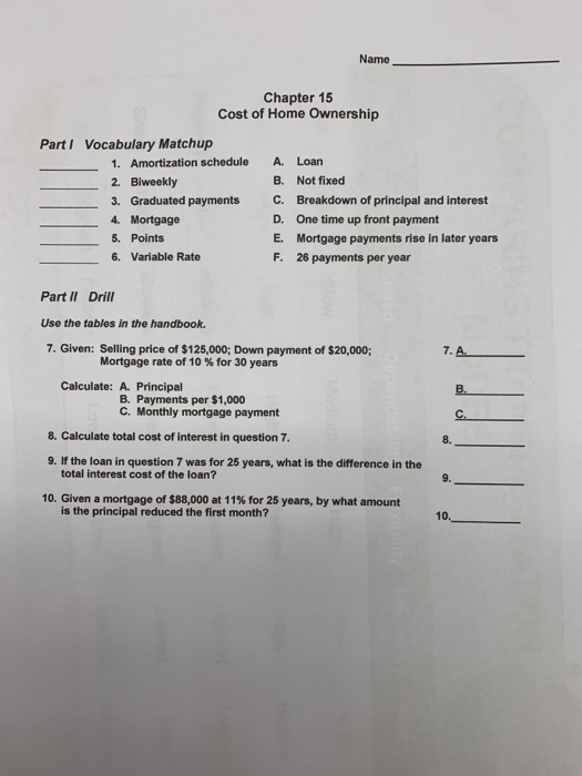 solved name chapter 15 cost of home ownership parti vocab cost of home ownership