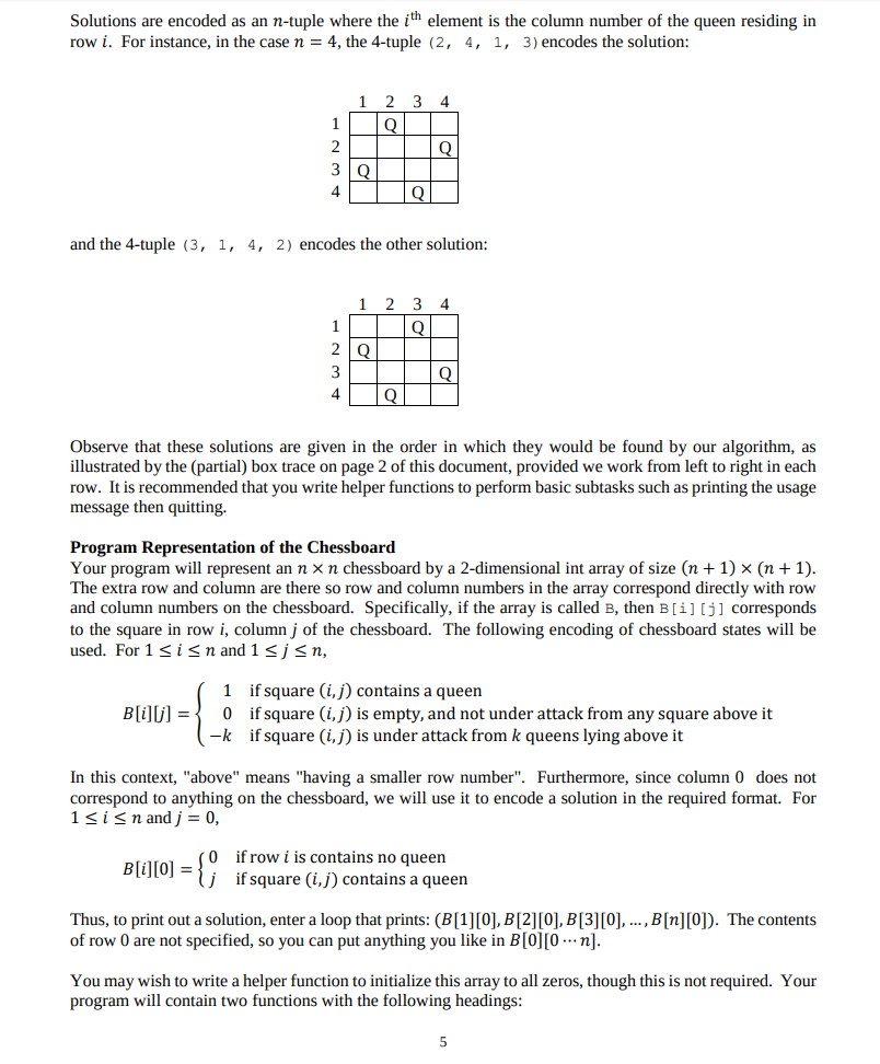 Solutions are encoded as an n-tuple where the ith element is the column number of the queen residing in row i. For instance,