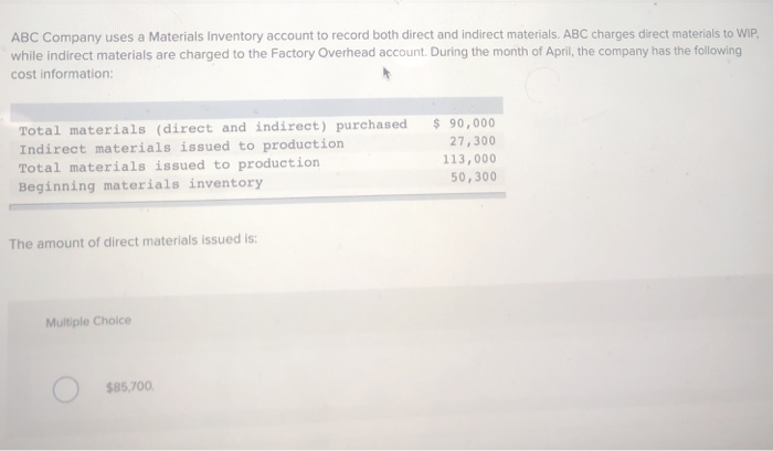 Solved ABC Company uses a Materials Inventory account to | Chegg.com