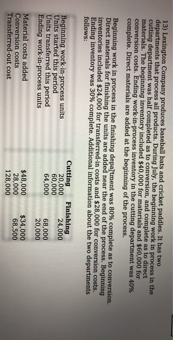 Solved Required Prepare A Production Cost Worksheet Usi 13 Lexington Company Produces Baseball Bats And Cricket Paddles It Has Two Departments That