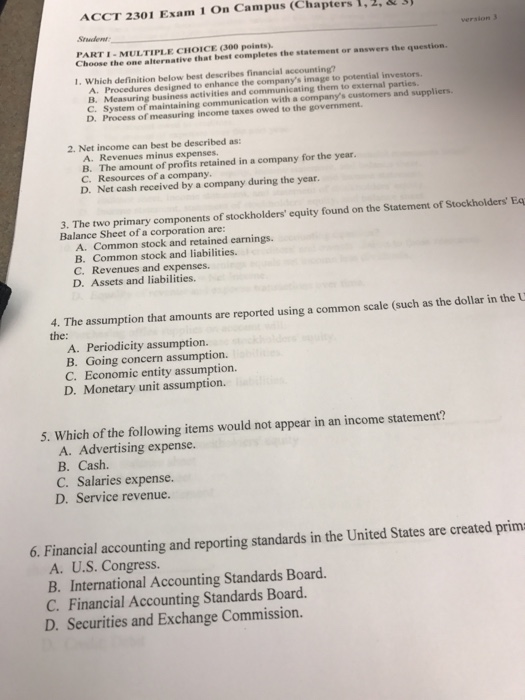 Acct 2301 Exam 1 Campus 11 Chapters Choose One Alternative Best Completes Statement Answer Q18722872 Academic Termpapers