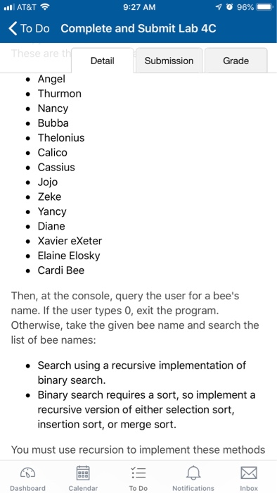 96% AT&T 9:27 AM To Do Complete and Submit Lab 4C Detail Submission Grade Angel Thurmon Nancy . Bubba Thelonius Calico Cassiu
