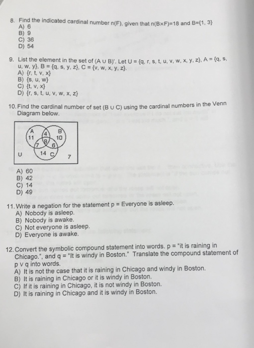 Solved 8 Find The Indicated Cardinal Number N F Given Chegg Com