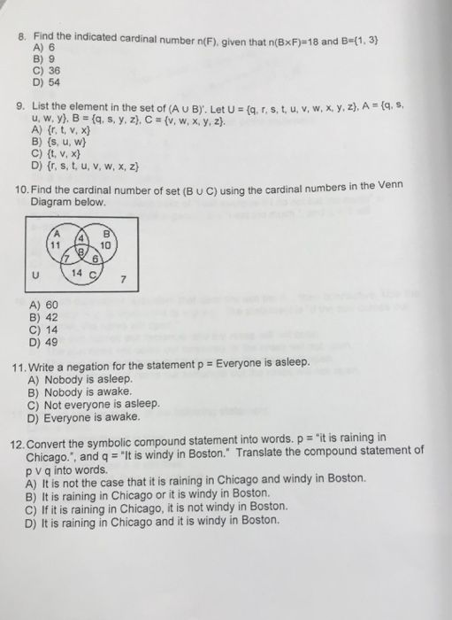 8 Find The Indicated Cardinal Number N F Given Chegg Com