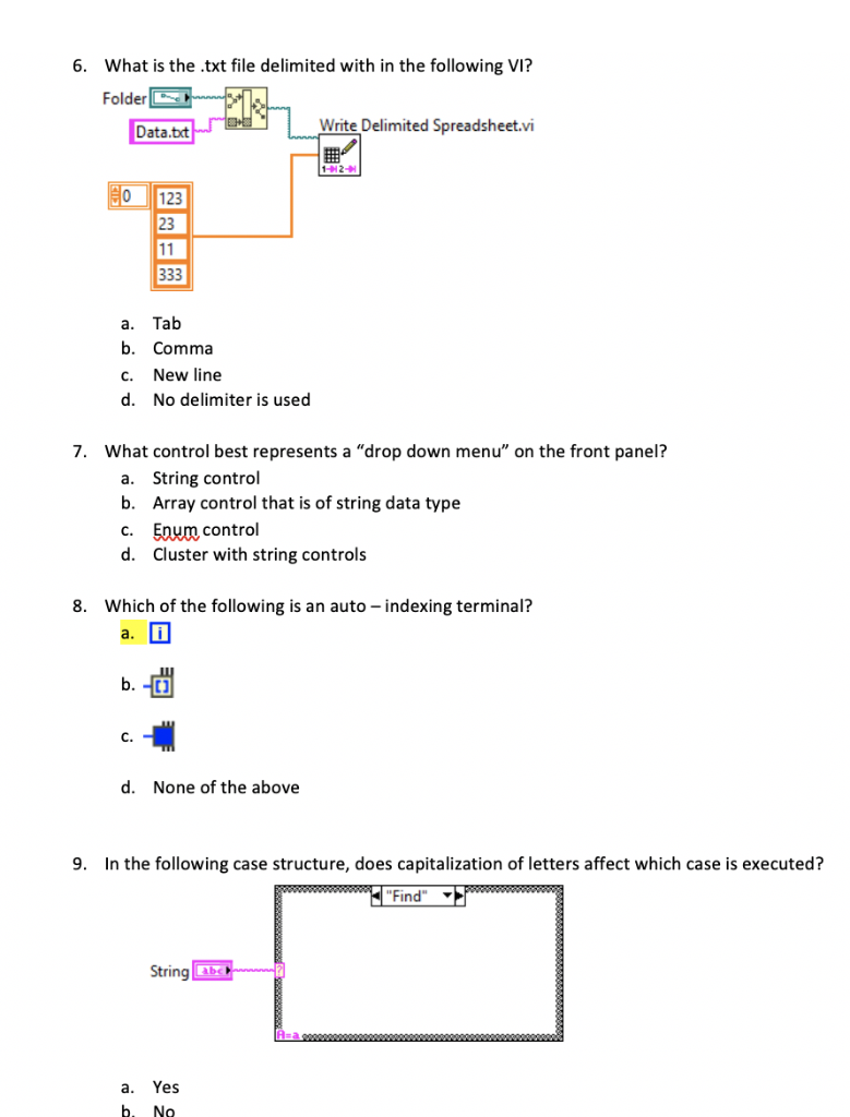 6. What is the .txt file delimited with in the following VI? Folder Write Delimited Spreadsheet.vi Data.bt 0 123 23 a. Tab b.