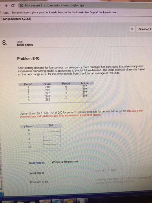С Not secure l ezto.mheducation.com/hm.tpx Apps For quick access, place your bookmarks here on the bookmarks bar. Import bookmarks now... HW1 (Chapters 1,2,3,5) Question 8 8. 10.00 points Problem 3-10 After plotting demand for four periods, an emergency exponential smoothing model is appropriate to predict future demand. T on the net change of 30 for the three periods from 1 to 4, for an average of +10 units room manager has concluded that a trend-adjusted he initial estimate of trend is based Period 218 267 277 277 299 2 227 248 252 10 Use a 5 and ß.1, and TAF of 250 for period 5. Obtain forecasts for periods 6 through 10 (Round your intermediate calculations and final answers to 2 decimal places. tPeriod 10 References eBook & Resources Ditficulty 3 Hard Worksheet Problem 3-10 Learhing Obiegive 03-12 Frepafe a frend-a