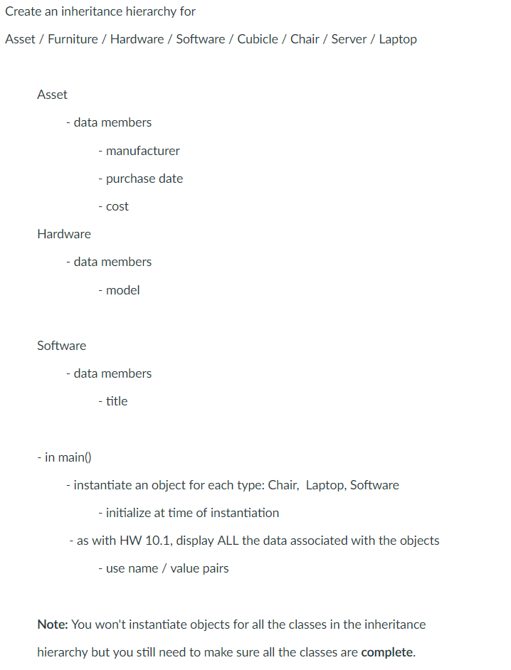 Create an inheritance hierarchy for Asset/ Furniture/ Hardware Software / Cubicle/Chair/ Server/Laptop Asset data members man