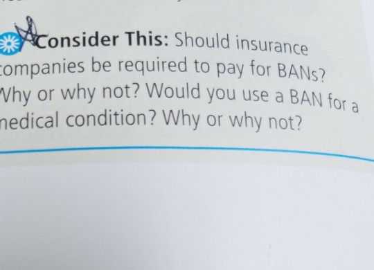 onsider This: Should insurance ompanies be required to pay for BANs? Why or why not? Would you use a BAN for a nedical condition? W hy or why not?