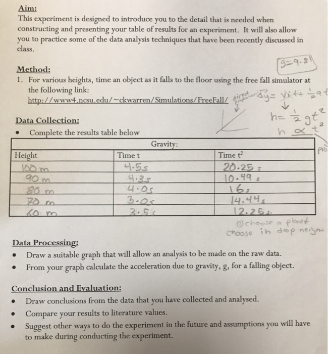 free fall acceleration due to gravity lab report