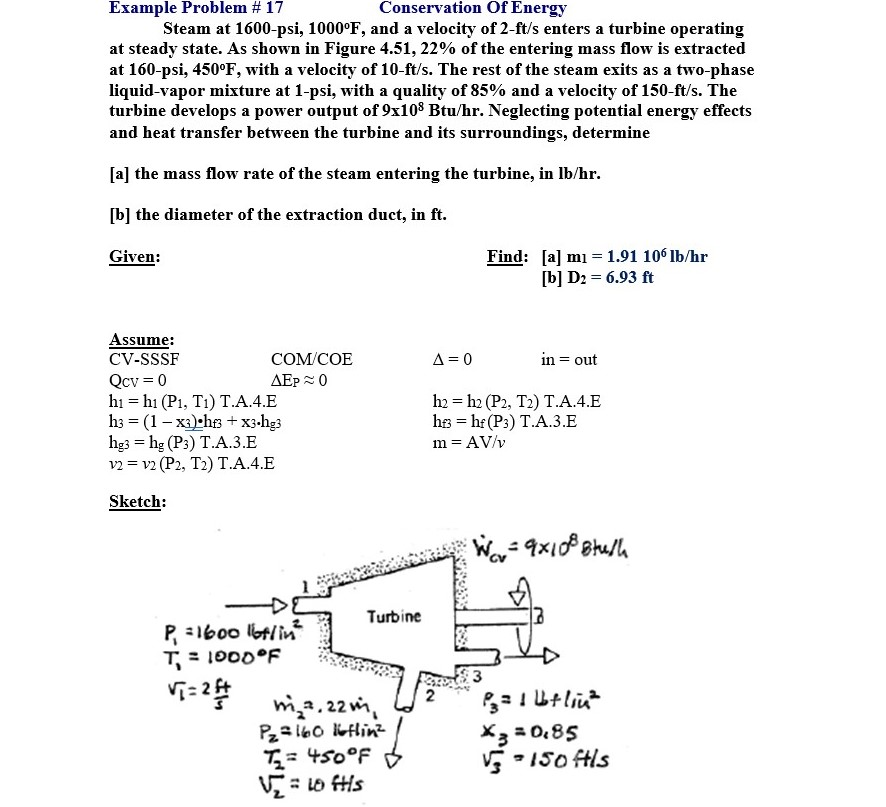 Example Problem # 17 Conservation Of Energy Steam at 1600-psi, 1000°F, and a velocity of 2-ft/s enters a turbine operating at steady state. As shown in Figure 4.51, 22% of the entering mass flow is extracted at 160-psi, 450°F, with a velocity of 10-ft/s. The rest of the steam exits as a two-phase liquid-vapor mixture at 1-psi, with a quality of 85% and a velocity of 150-ft/s. The turbine develops a power output of 9x108 Btu/hr. Neglecting potential energy effects and heat transfer between the turbine and its surroundings, determine [a] the mass flow rate of the steam entering the turbine, in Ib/hr. [b] the diameter of the extraction duct, in ft Find: [a] 1.91 106 Ib/hr [b] D2- 6.93 ft Given: Assume: COM COE CV-SSSF hi-hı (Pi, Ti) T.A.4.E v2-v2 (P2, T2) T.A.4.E in- out h2-h2 (P2, T2) T.A.4.E mAVy Sketch: Turbine T, F 3 2ft m,a, 22