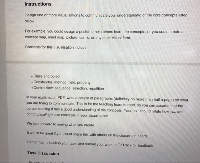 Instructions Design one or more visualisations to communicate your understanding of the core concepts listed below For exampl