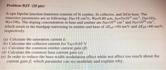 Solved Problem Bjt 25 Pts A Npn Bipolar Junction Transi Chegg Com