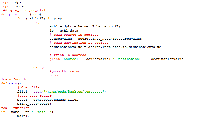 import dpkt import socket #display the pcap file def print_Pcap (pcap): for (ts1, bufl) in pcap: try: ethl-dpkt.ethernet.Ethe