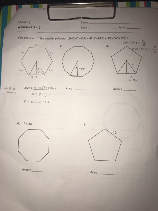 Solved Name: Geometry Worksheet 9-5 Date: Period: find the | Chegg.com