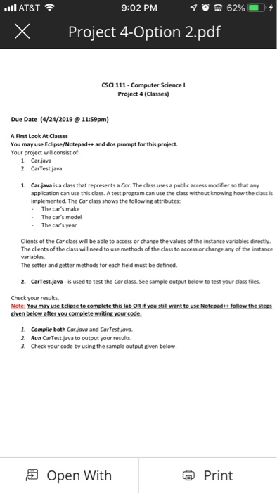 9:02 PM .ill AT&T × Project 4-Option 2.pdf CSCi 111 Computer Science l Project 4 (Classes) Due Date (4/24/2019 11:59pm) A Fir