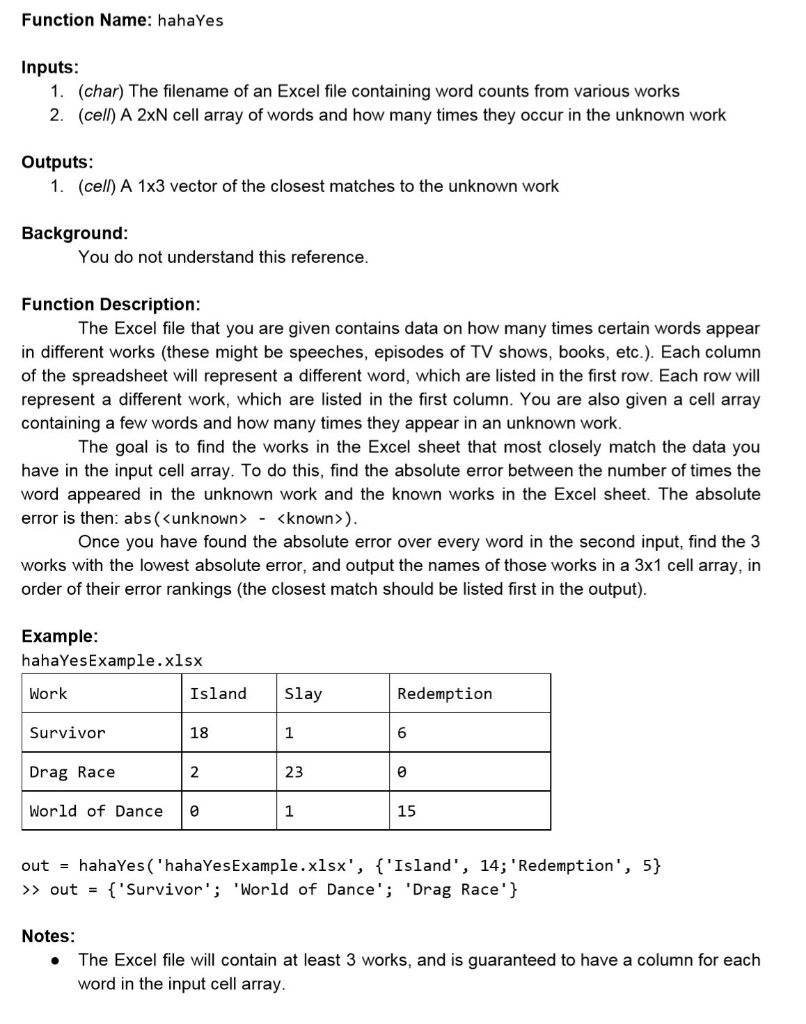 Function Name: hahaYes Inputs 1. (char) The filename of an Excel file containing word counts from various works 2. (cell) A 2