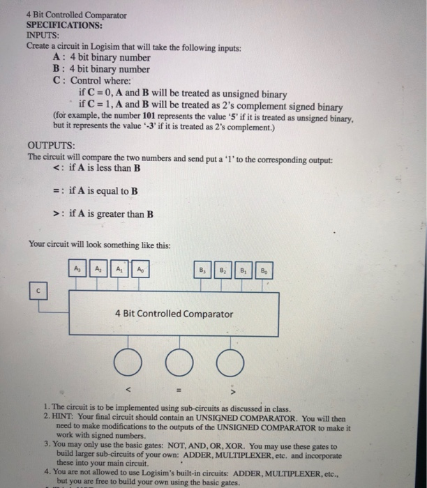 4 Bit Controlled Comparator SPECIFICATIONS: INPUTS: Create a circuit in Logisim that will take the following inputs: A: 4 bit