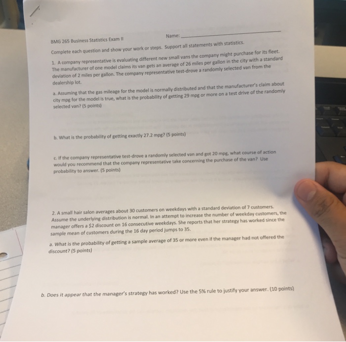 Solved Bmg 265 Business Statistics Exam I Complete Each Q - 