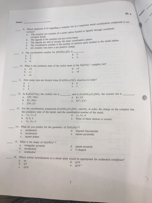 Solved Alt Ctrl Name Id A Which Ligand Below Is Not Cor Chegg Com