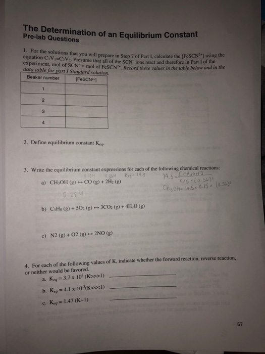 The Determination Of An Equilibrium Constant Pre Lab Chegg 