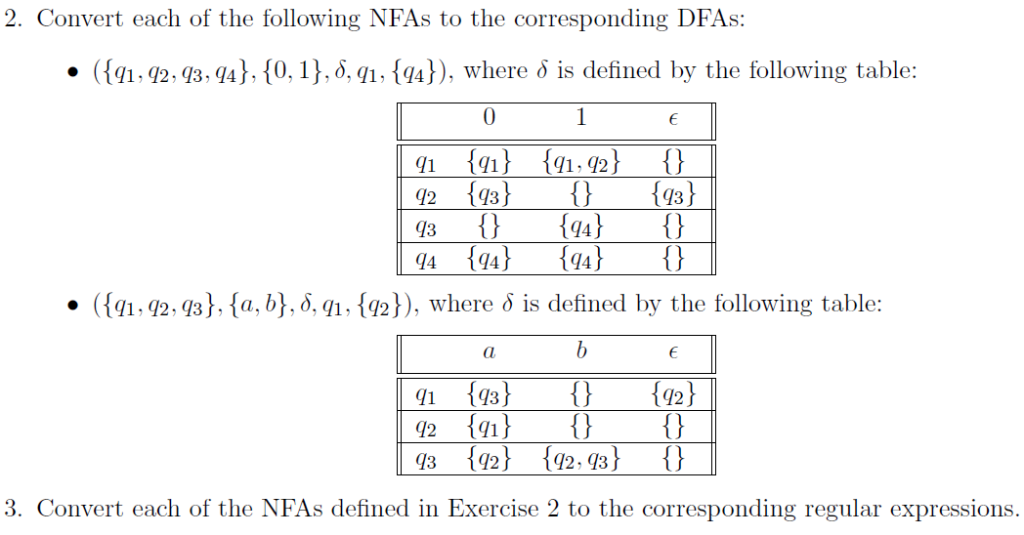 2. Convert each of the following NFAs to the corresponding DFAs: ( {Y1, q2. g3.V4). {0. Î }.ỗ, qī, {V4} ), where ỗ is defined