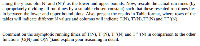 along the y-axis plot N and (N)? as the lower and upper bounds. Now, rescale the actual run times (by appropriately dividin