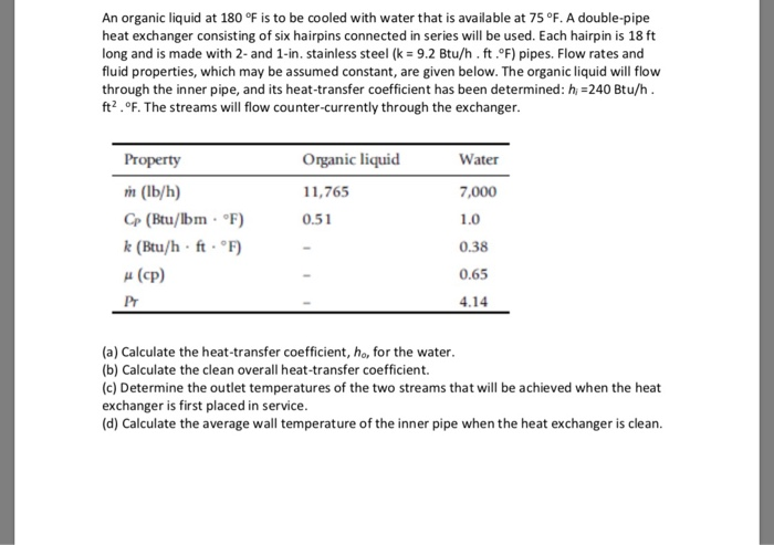 Solved An Organic Liquid At 180 F Is To Be Cooled With W