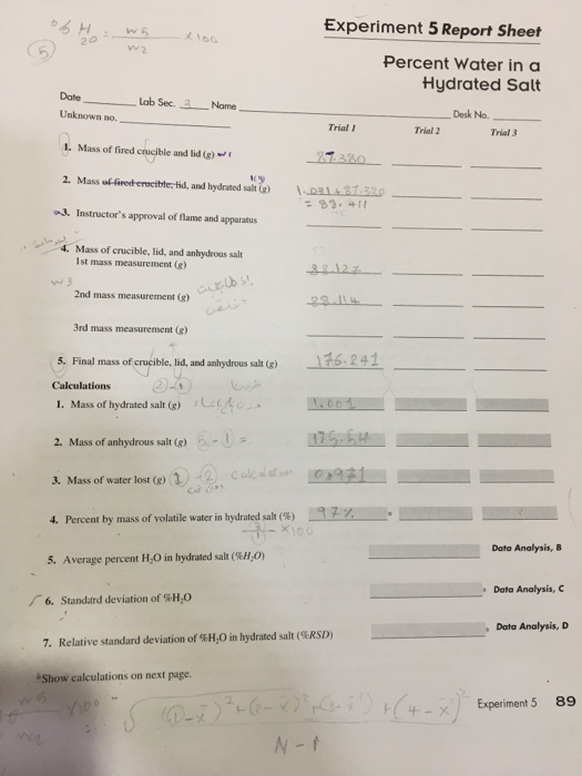 Experiment 5 Report Sheet Percent Water In A Hydrated Chegg Com