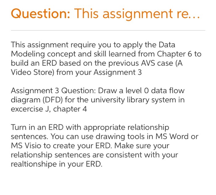 Question: This assignment re... This assignment require you to apply the Data Modeling concept and skill learned from Chapter