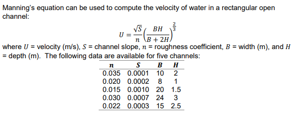 Solved Manning S Equation Used Compute Velocity Water Rectangular Open Channel U Velocity M S S C Q