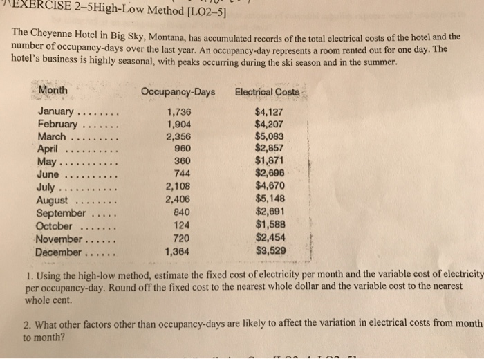 Question Answer Exercise 2 5high Low Method L02 5 The Cheyenne Hotel In Big Sky Montana Has Accumulated Records Of The Total Electrical Costs Of The H Grand Paper Writers