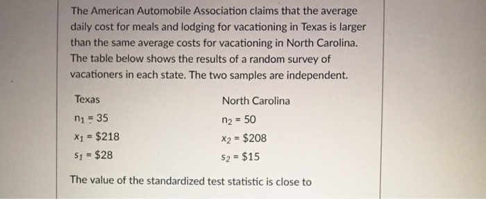Solved The American Automobile Ociation Claims That Th The American Automobile Ociation Claims That Average Daily Cost For Meals And Lodging Vacationing