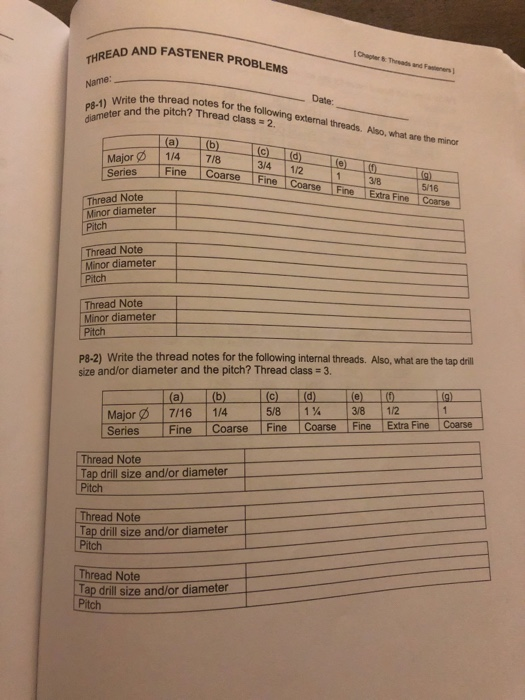 Solved D Fastener Problems Thread And Name E Thread Notes Chegg Com