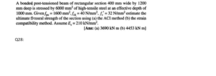 A bonded post-tensioned beam of rectangular section 400 mm wide by 1200 mm deep is stressed by 6000 mm2 of high-tensile steel