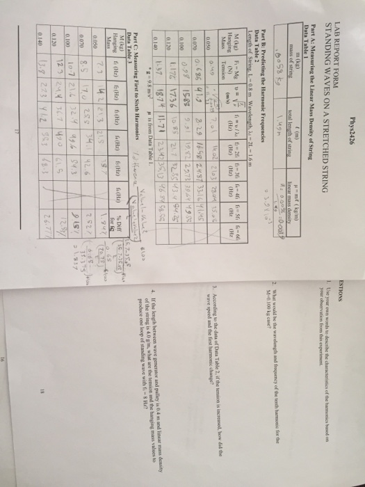 Phys2426 Estions Lab Report Form Standing Waves On A Chegg 