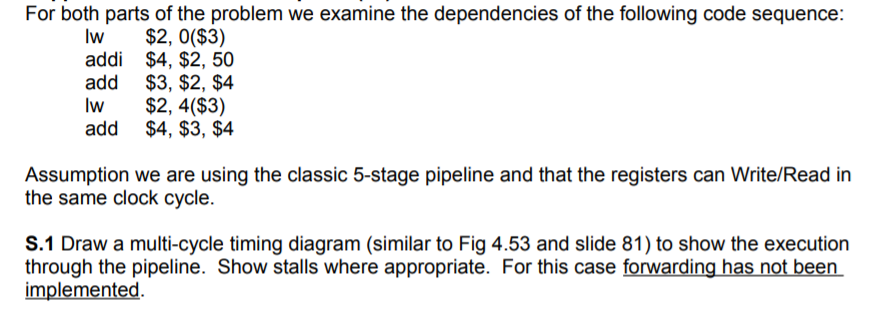 For both parts of the problem we examine the dependencies of the following code sequence: lw addi add lw add $2, 0($3) $4, $2