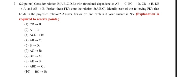 Solved Points Consider Relation R B C D E Functional Dependencies Ab C d Cd E De Ae B Projec Q
