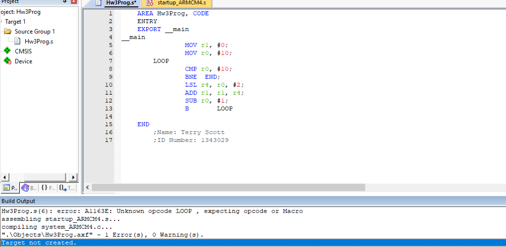 | Hw3Progs* Во startup-ARMCMAs oject: Hw3Prog Target 1 AREA Hw3Prog, CODE ENTRY EXPORT main 2 Source Group 1 main Hw3Prog.s C