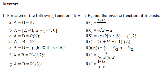 Solved Inverses For Each Of The Following Functions F A Chegg Com