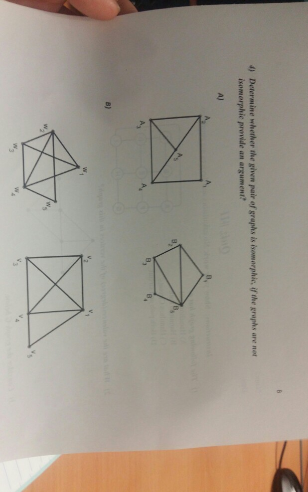 Determine whether the given pair of graphs is isomorphic, if the graphs are not isomorphic provide an argument? 4) A) 蚓 B) 2