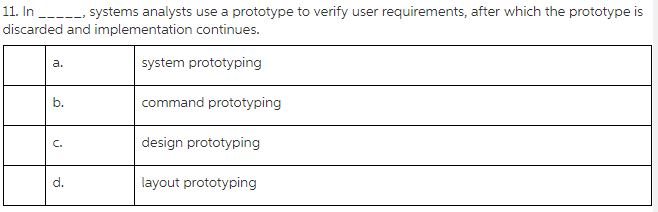 11. In___.__, systems analysts use a prototype to verify user requirements, after which the prototype is discarded and implementation continues. system prototyping command prototyping design prototyping layout prototyping a. b. C. d.
