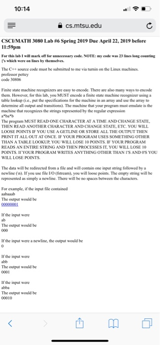 10:14 슬 cs.mtsu.edu CSCI/MATH 3080 Lab #6 Spring 2019 Due April 22, 2019 before 11:59pm For this lab I will mark off for unne