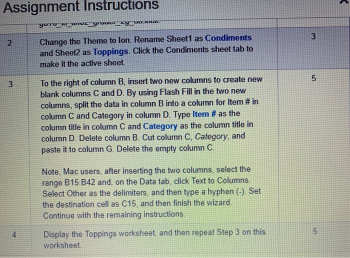 Instructions Assignment Change the Theme to lon. Rename Sheet1 as Condiments and Sheet2 as Toppings. Click the Condiments she