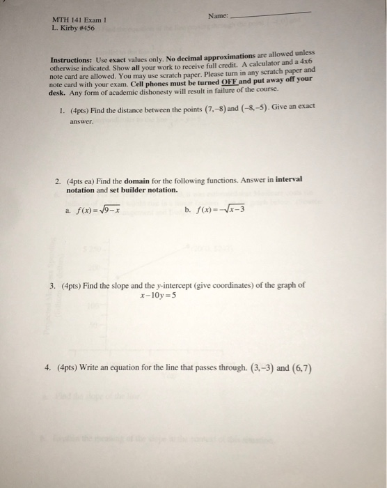Solved Name Mth 141 Exam 1 L Kirby 456 Instructions U Name Mth 141 Exam 1 L Kirby 456 Instructions Use Exact Values
