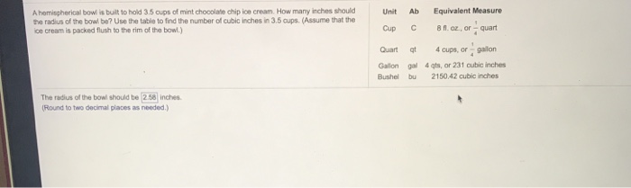 Solved A Hemispherical Bowl Is Built To Hold 3 5 Cups Of Chegg Com