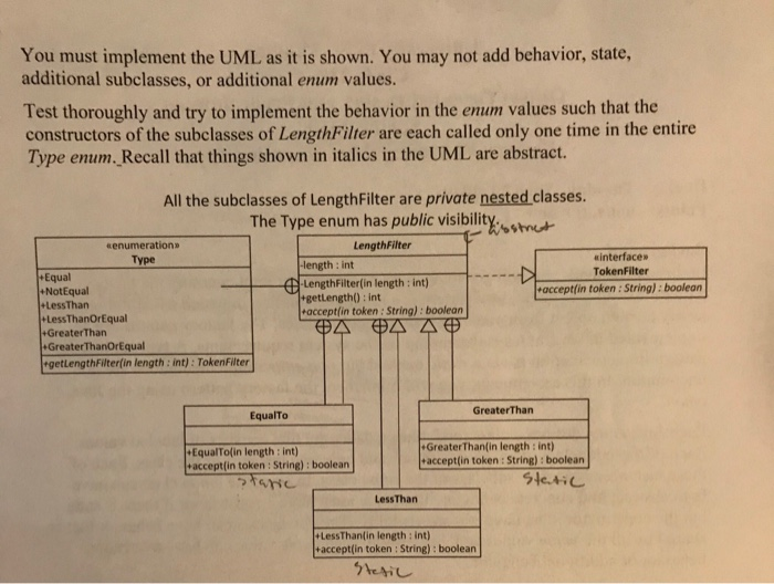 You must implement the UML as it is shown. You may not add behavior, state, additional subclasses, or additional enum values.