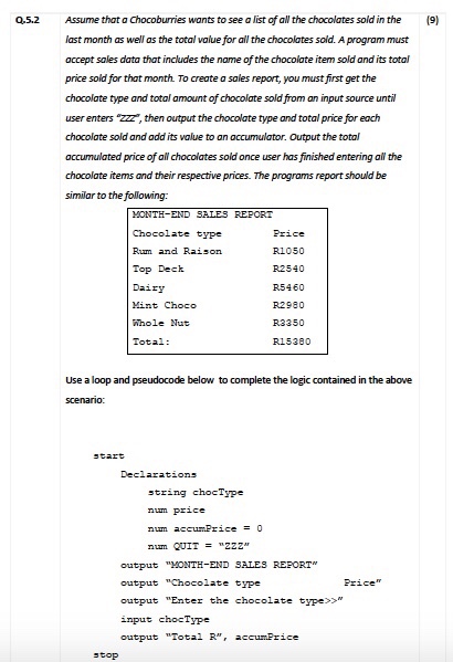 0,5.2 Assume that a Chocoburries wants to see a list of aW the chocolates sold in the (9) last month as well as the total value for all the chocolates sold. A program must accept sales data that includes the name of the chocolate item sold and its total price sold for that month To create a sales report, you must first get the chocolate type and total amount of chocolate sold from an input source until user enters zzz, then output the chocolate type and total price for each chocolate sold and add its 

<div class=
